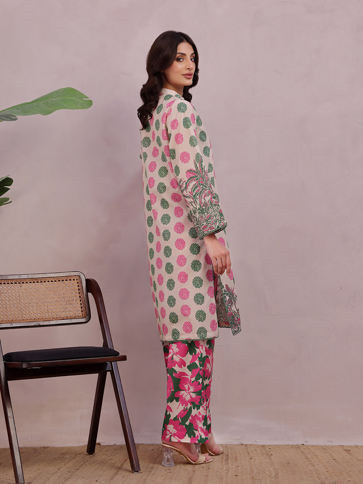 2Pc Printed Unstitched Shirt Trouser Lawn Green & Pink - OL2PT-6347-B