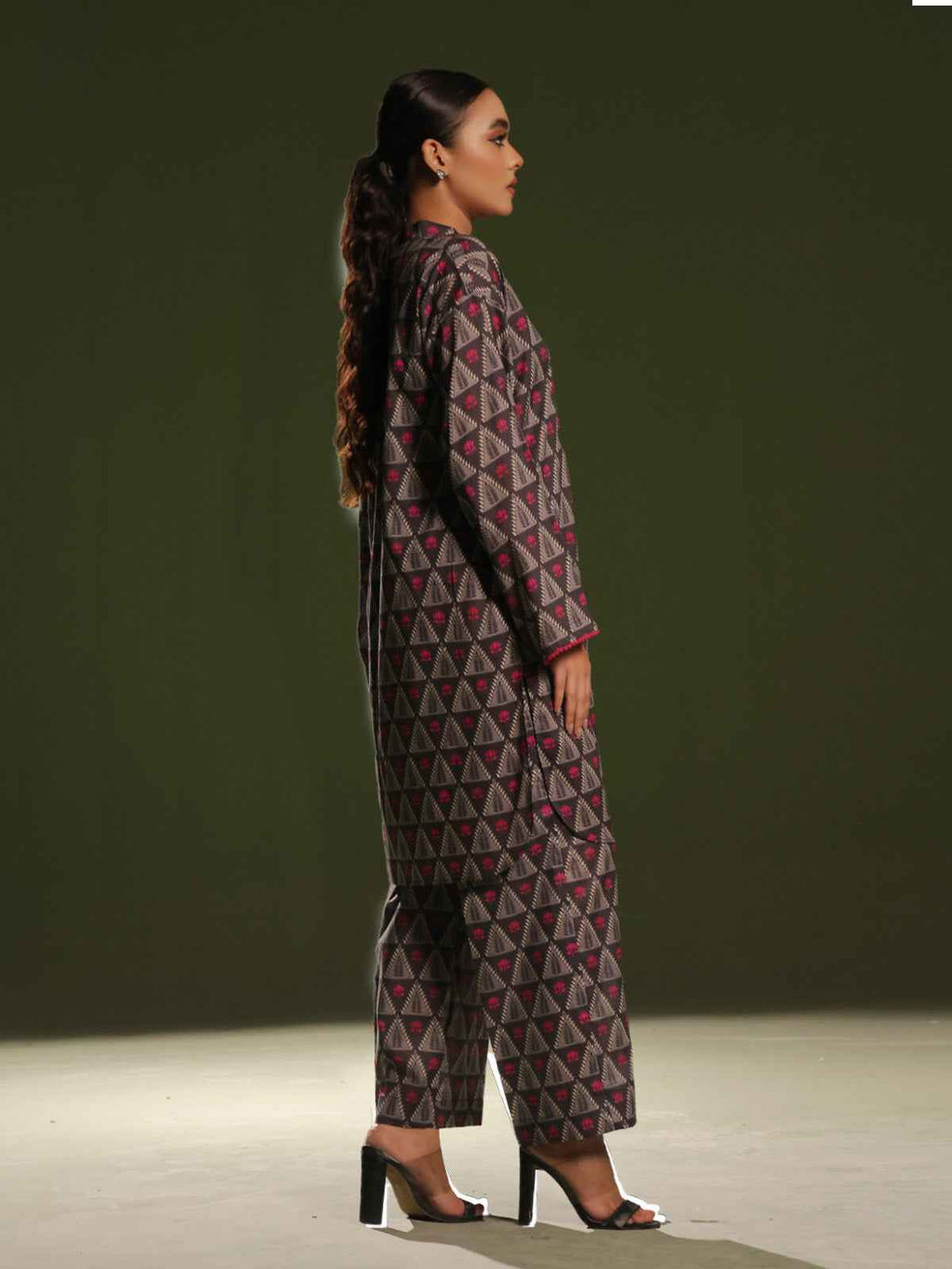 2Pc Printed Pret Shirt Trouser Cambric Charcoal - OW2P-2411001