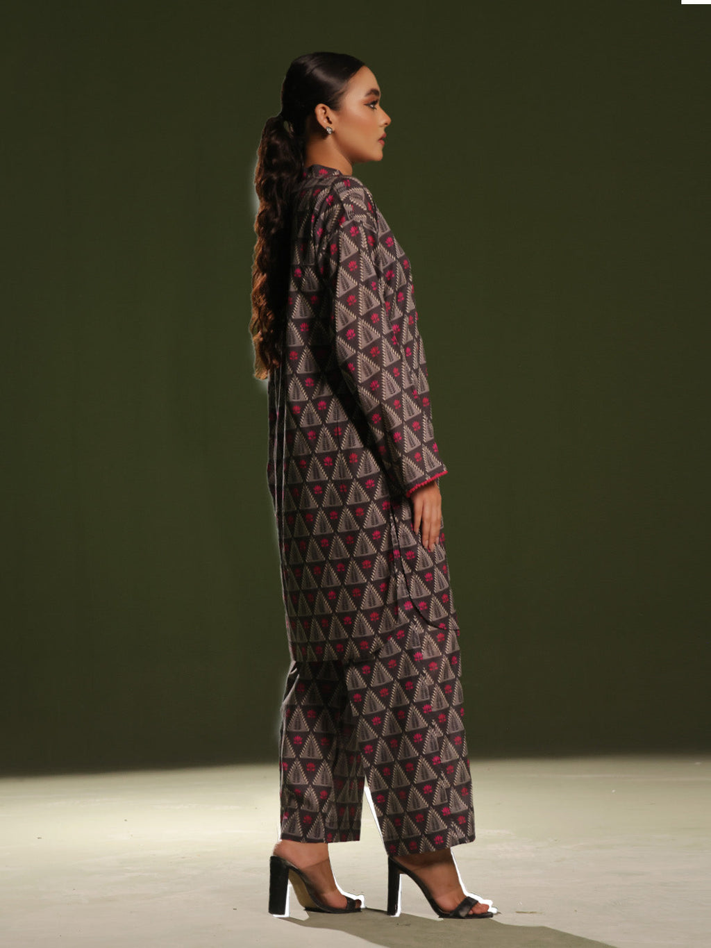 2Pc Printed Pret Shirt Trouser Cambric Charcoal - OW2P-2411001