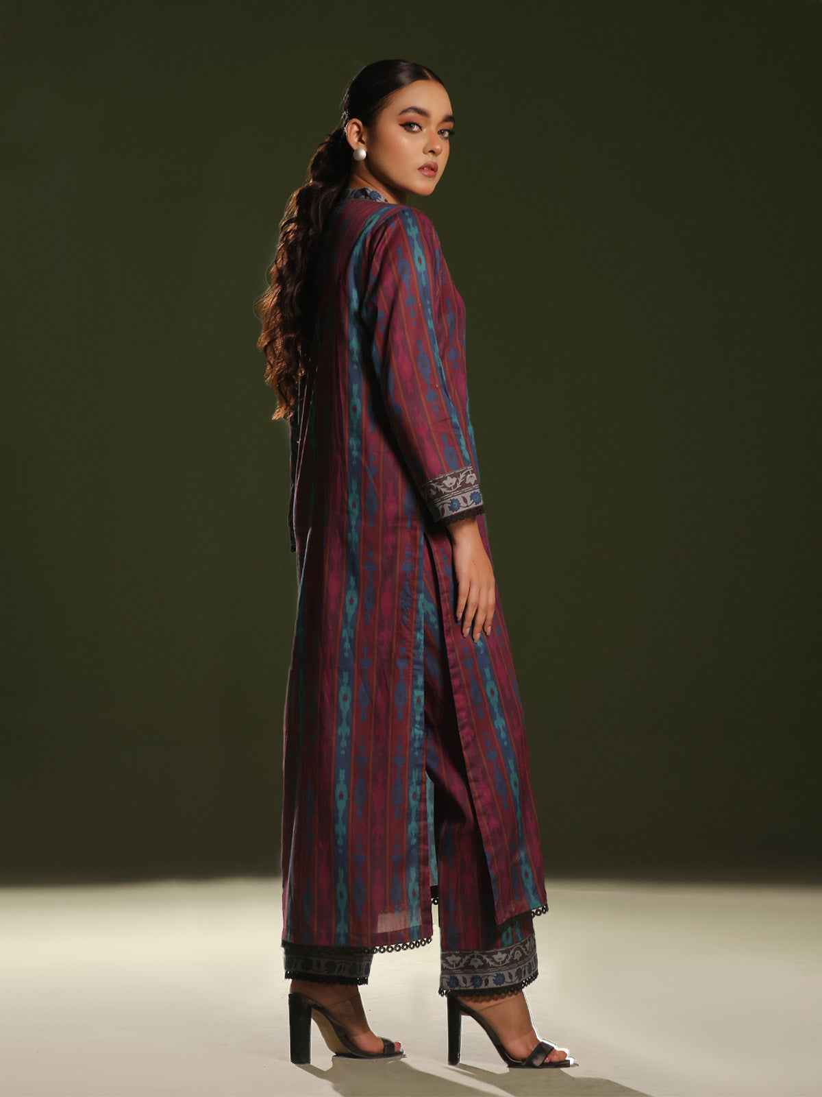 2Pc Printed Pret Shirt Trouser Cambric Maroon - OW2P-2411004