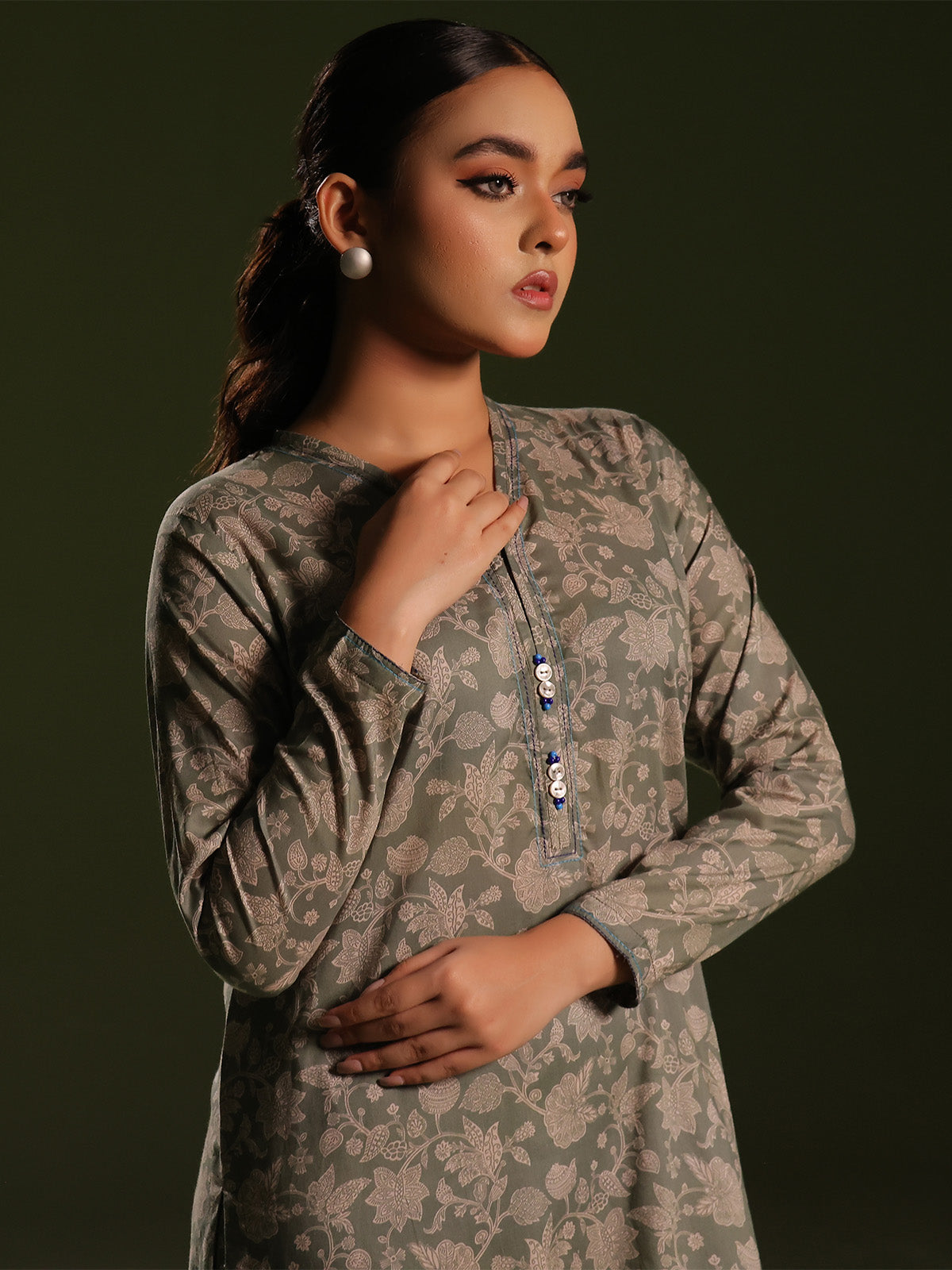 2Pc Printed Unstitched Cambric Green - OC2PT-6271-A