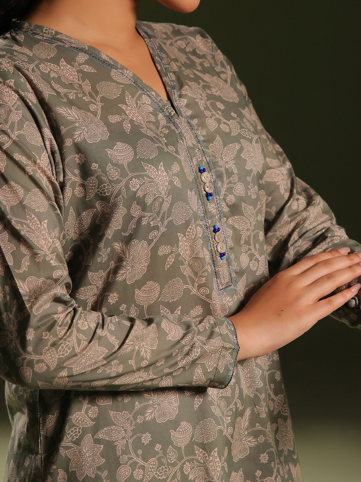 2Pc Printed Unstitched Cambric Green - OC2PT-6271-A