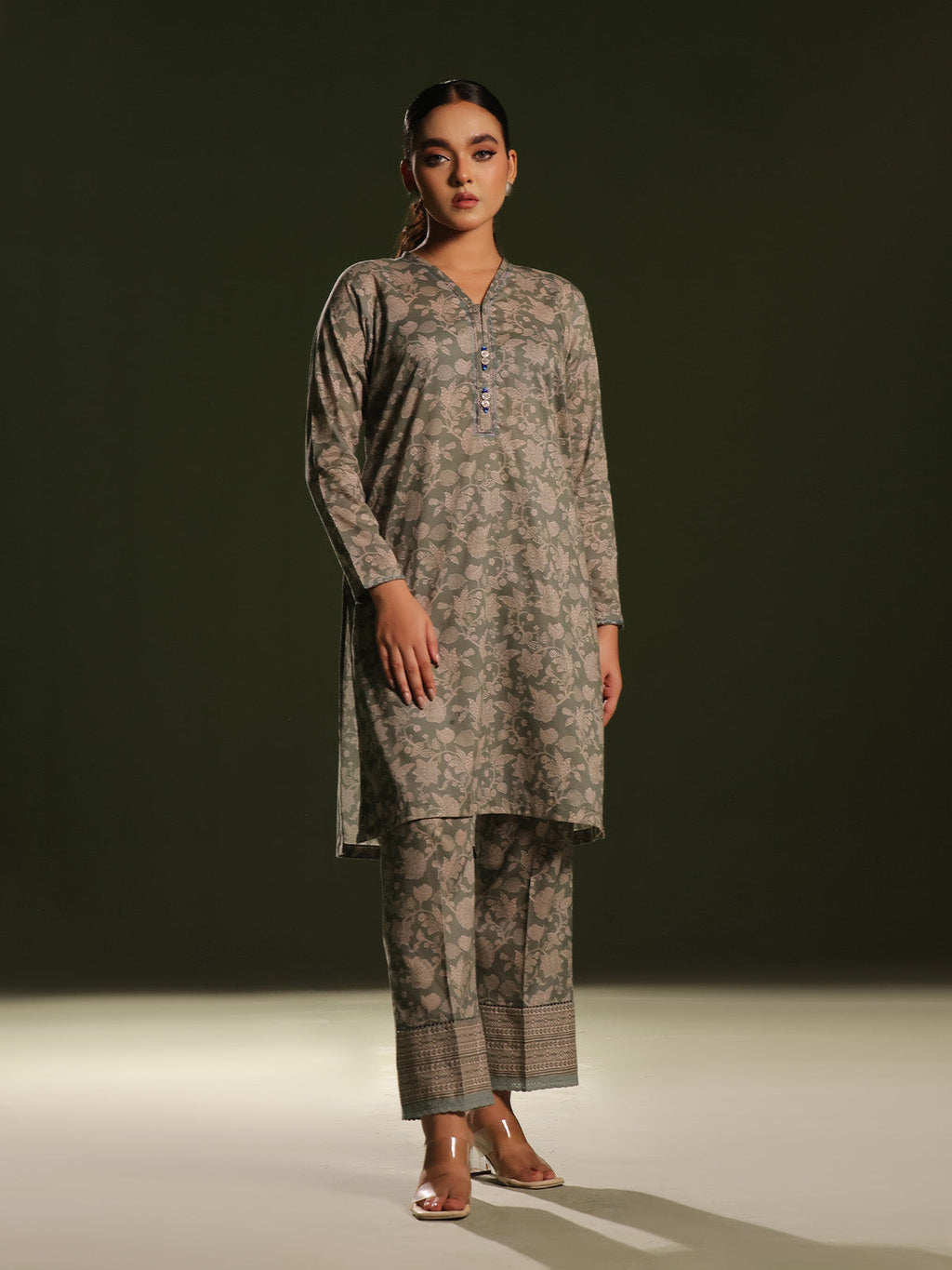 2Pc Printed Unstitched Cambric Green - OC2PT-6271-A