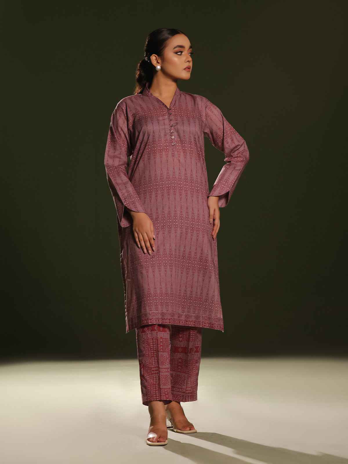 2Pc Printed Pret Shirt Trouser Cambric Maroon - OW2P-2411005