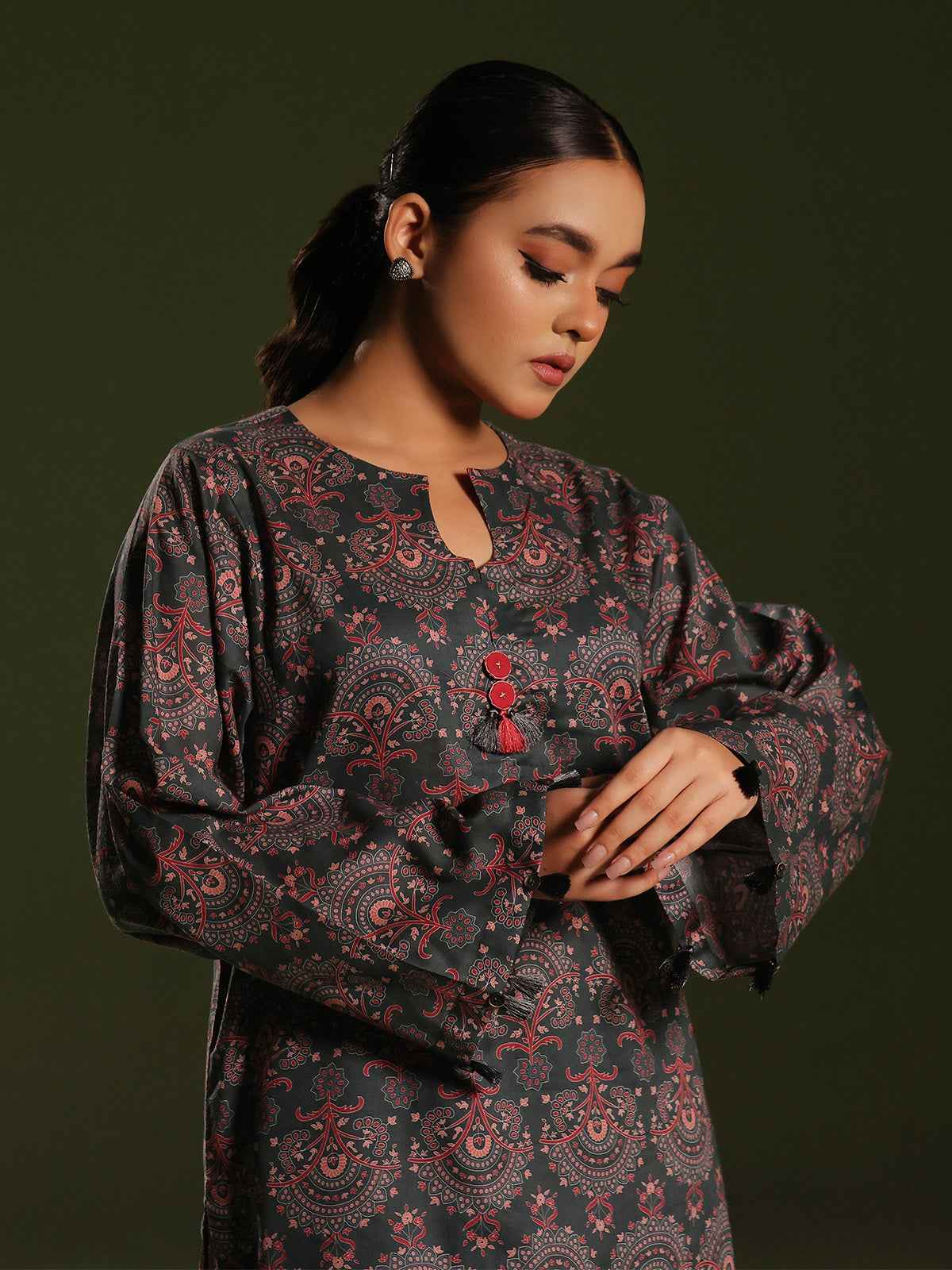 2Pc Printed Unstitched Cambric Green - OC2PT-6276-A