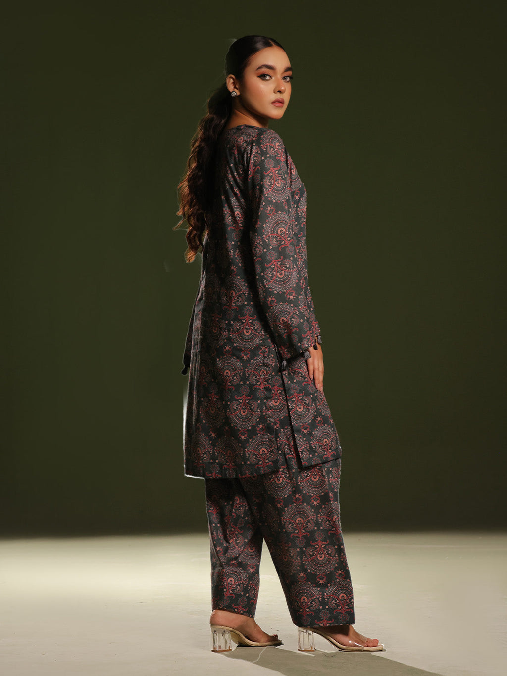 2Pc Printed Pret Shirt Trouser Cambric Dark Green - OW2P-2411002