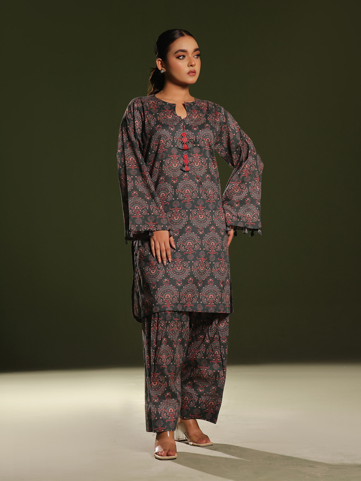 2Pc Printed Pret Shirt Trouser Cambric Dark Green - OW2P-2411002