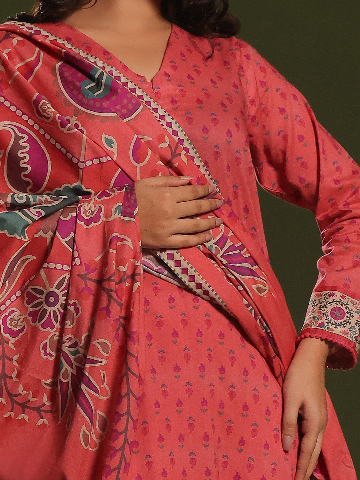 3Pc Printed Unstitched Cambric Peach - OC3P-6270-A