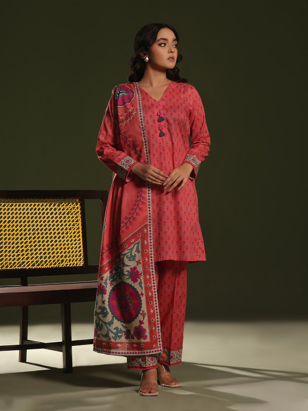 3Pc Printed Unstitched Cambric Peach - OC3P-6270-A