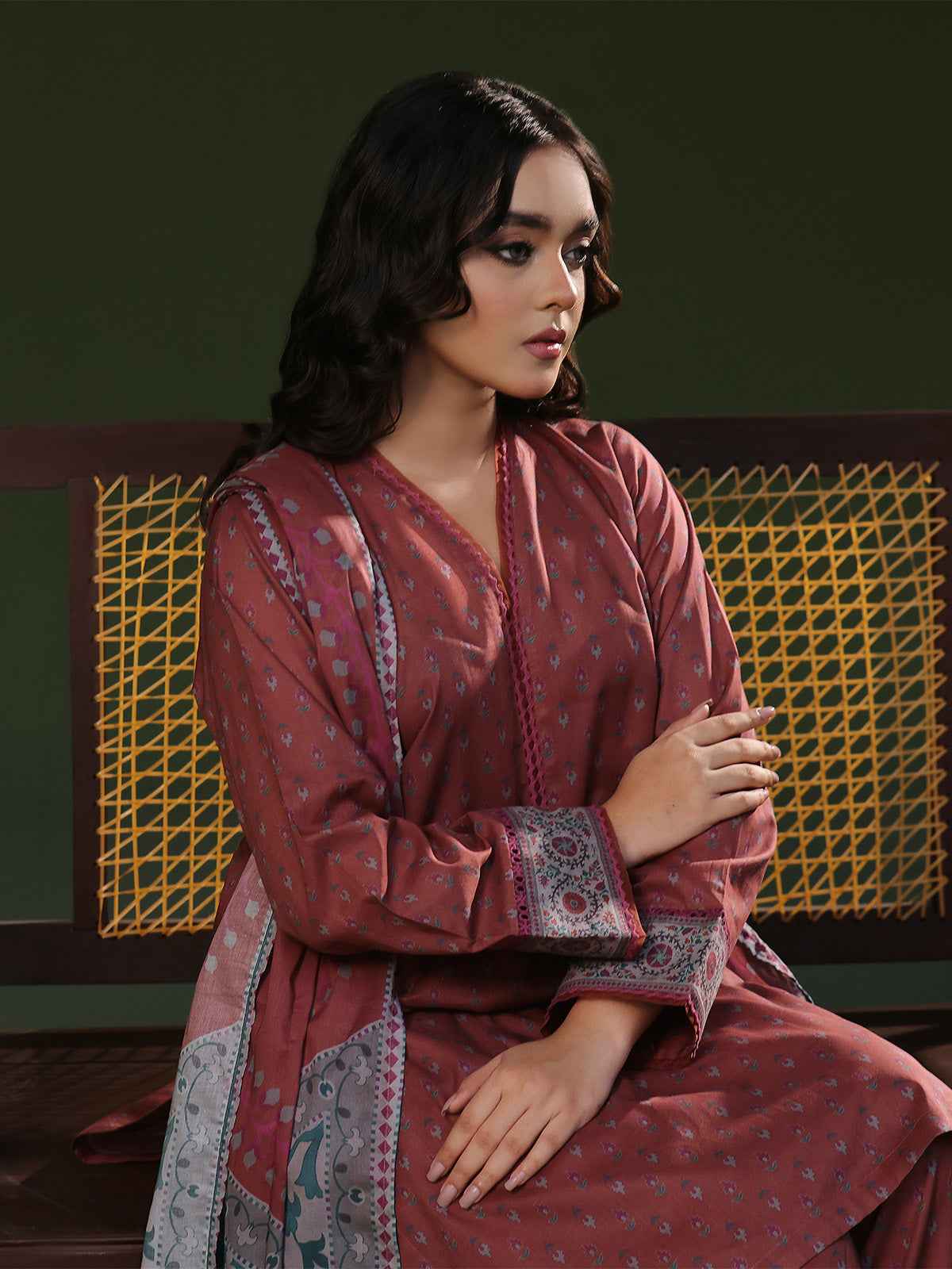 3Pc Printed Pret Suit Cambric Brown - OW3P-2411014