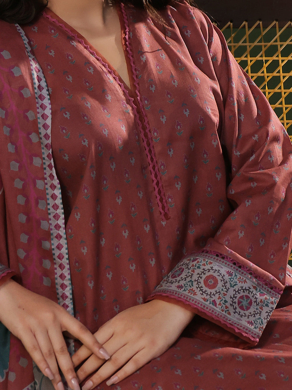 3Pc Printed Unstitched Cambric Rust - OC3P-6270-B