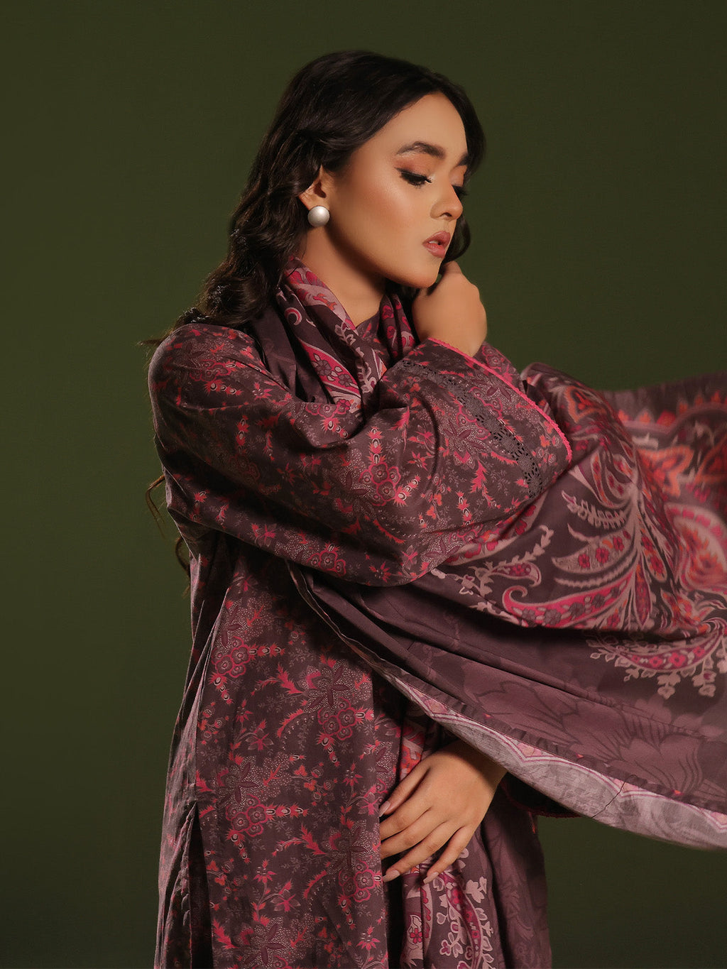 3Pc Printed Unstitched Cambric Brown - OC3P-6272-A