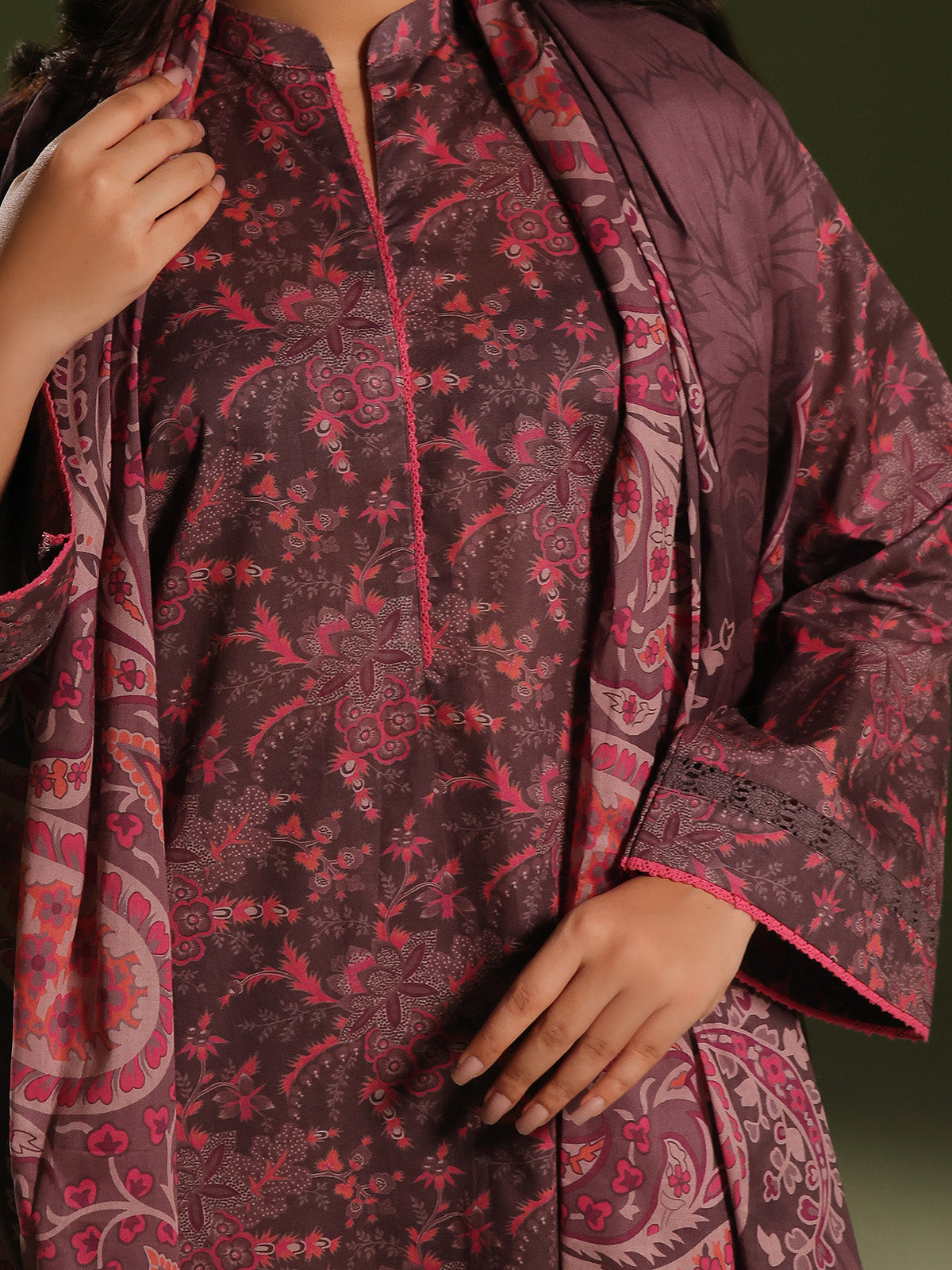 3Pc Printed Pret Suit Cambric Brown - OW3P-2411020
