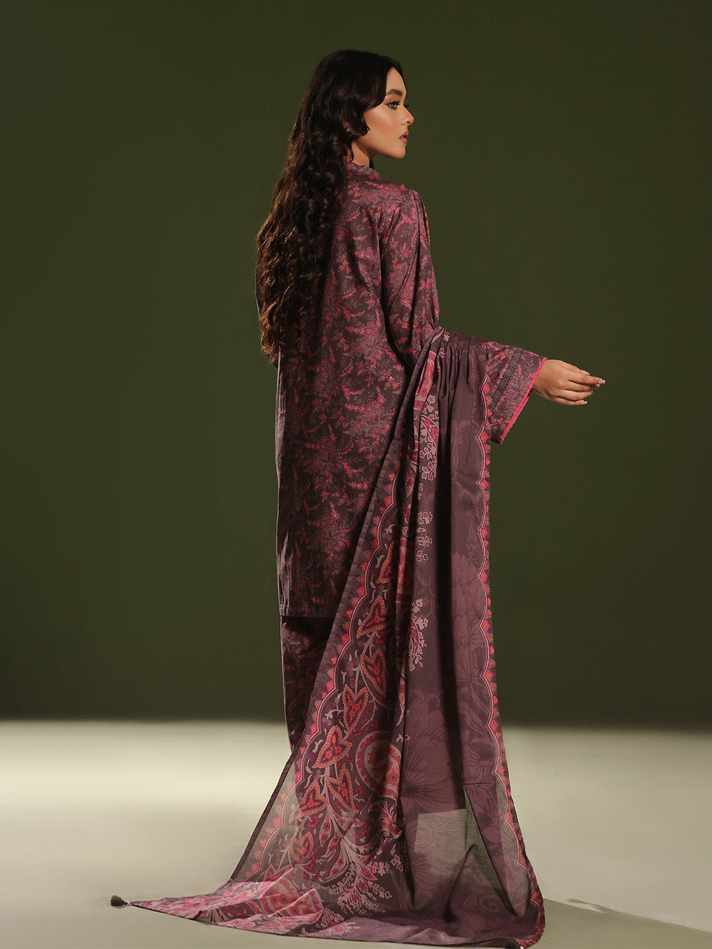 3Pc Printed Unstitched Cambric Brown - OC3P-6272-A