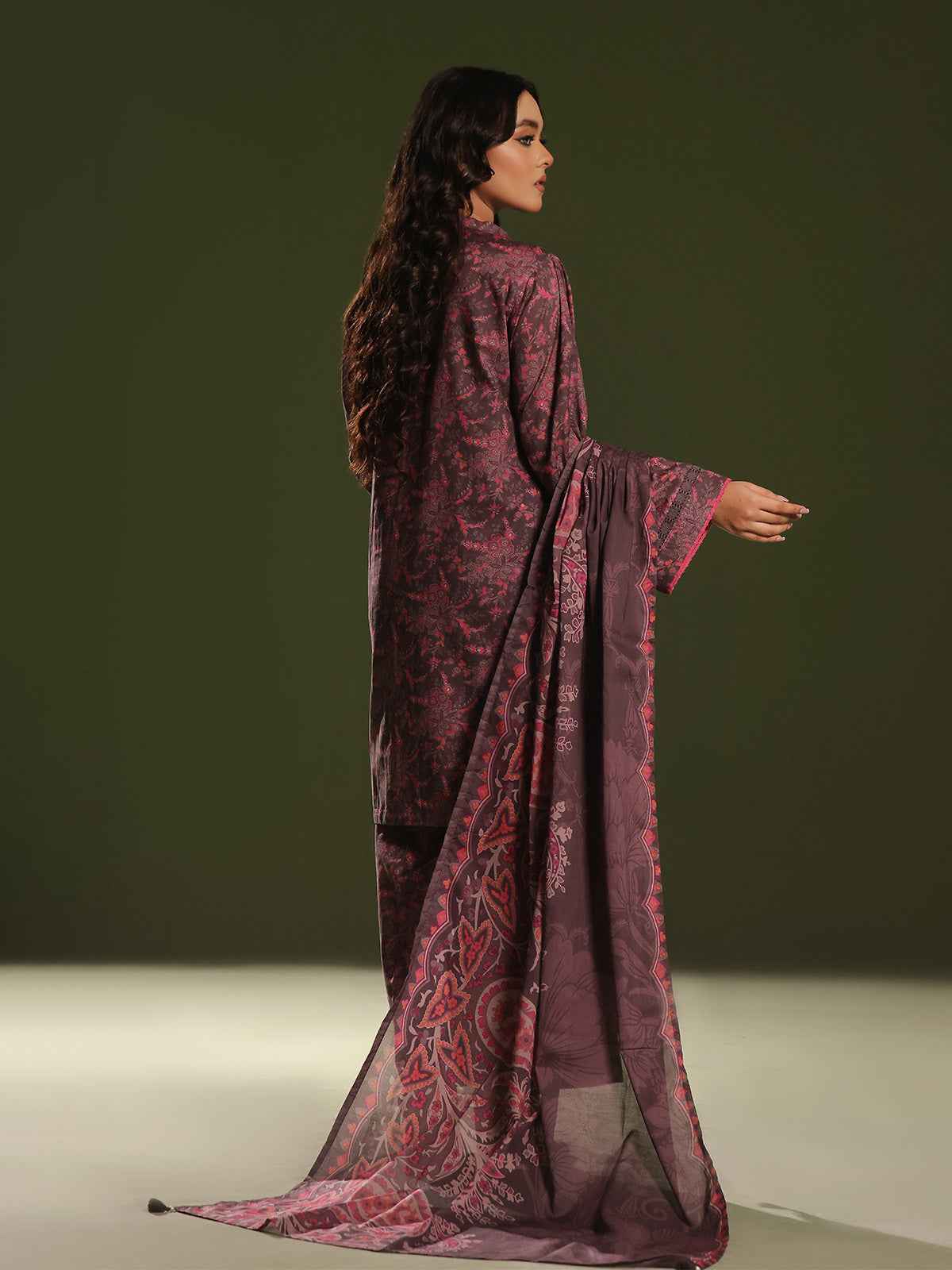 3Pc Printed Pret Suit Cambric Brown - OW3P-2411020