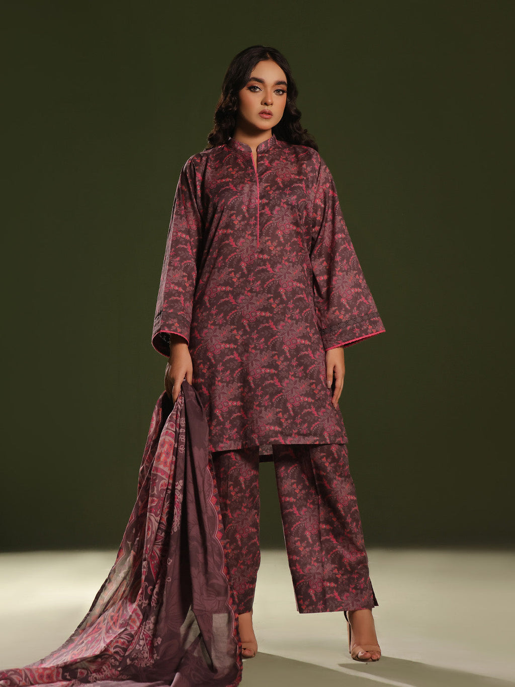 3Pc Printed Unstitched Cambric Brown - OC3P-6272-A