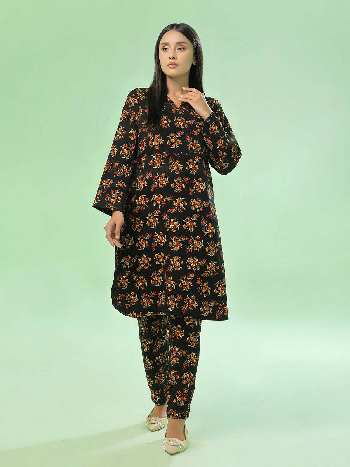 2Pc Printed Unstitched Shirt Trouser Lawn Black & Orange - OL2P-6442-A