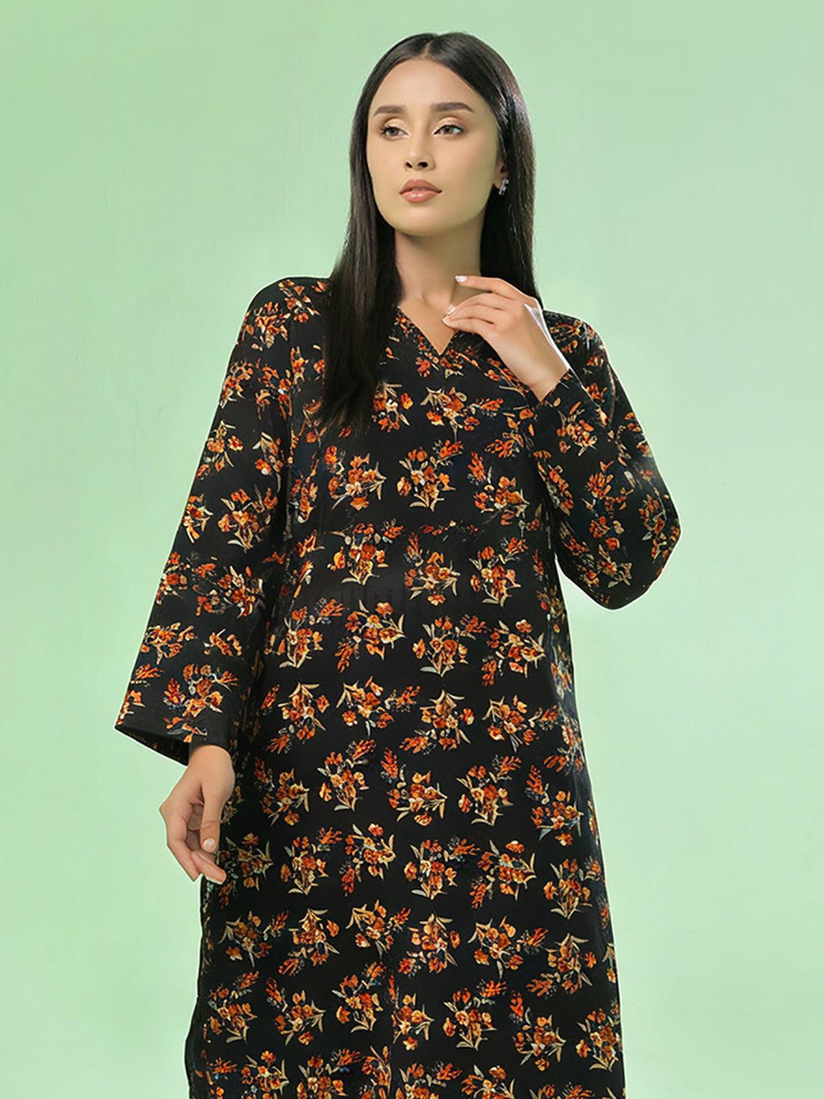 2Pc Printed Unstitched Shirt Trouser Lawn Black & Orange - OL2P-6442-A