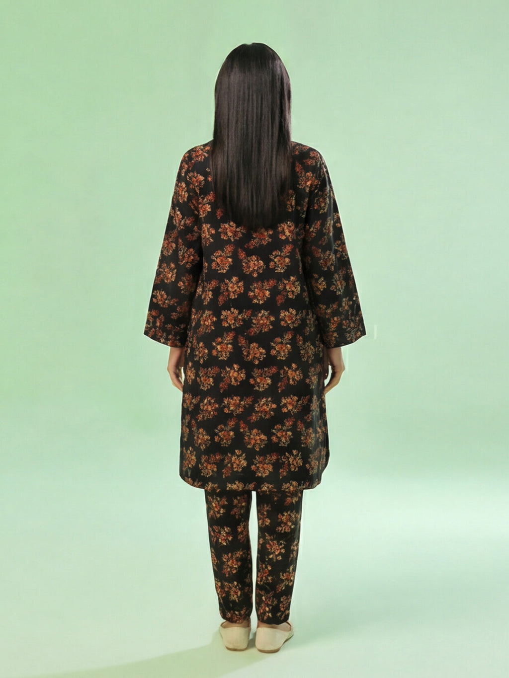 2Pc Printed Unstitched Shirt Trouser Lawn Black & Orange - OL2P-6442-A