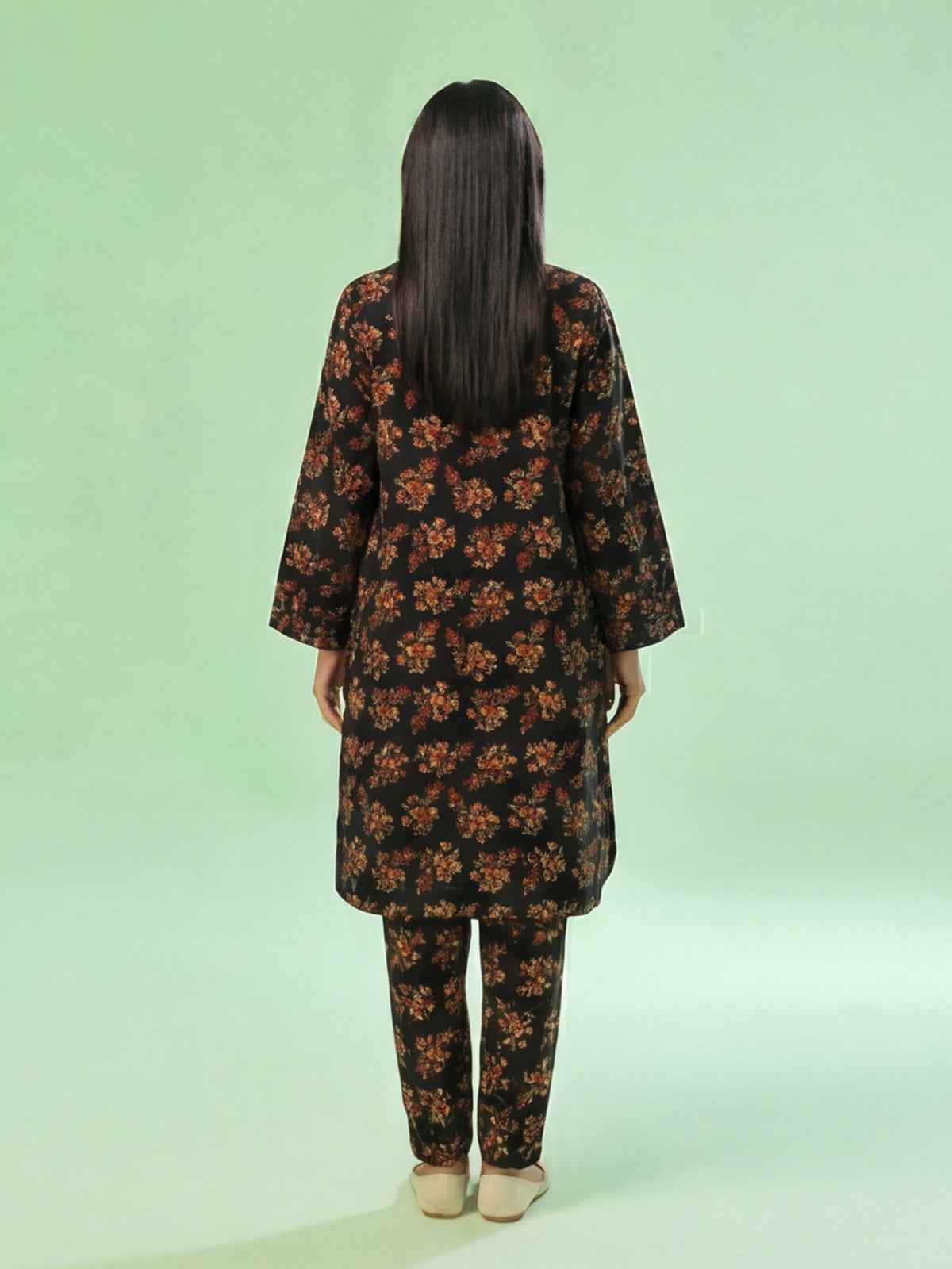 2Pc Printed Unstitched Shirt Trouser Lawn Black & Orange - OL2P-6442-A