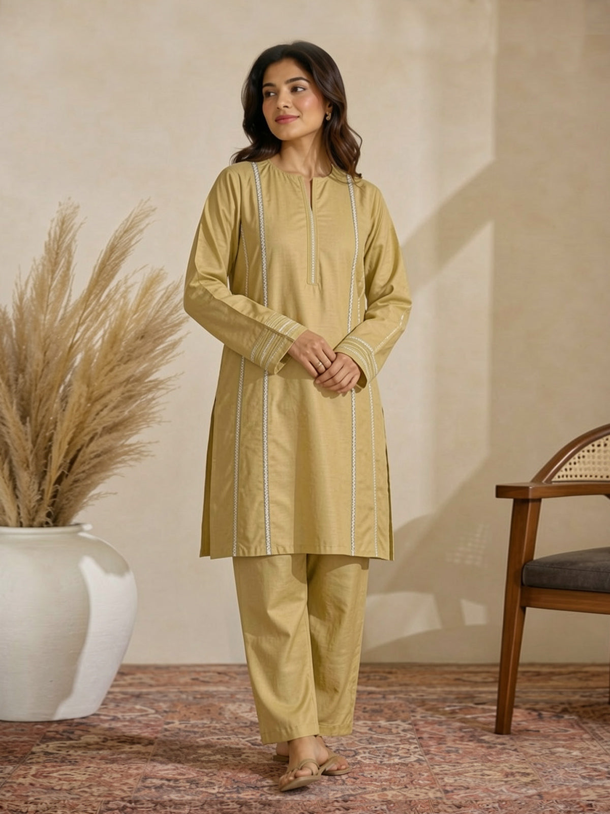 2Pc Solid Pret Shirt Trouser Cotton Silk Light Yellow - OW2P-2508005