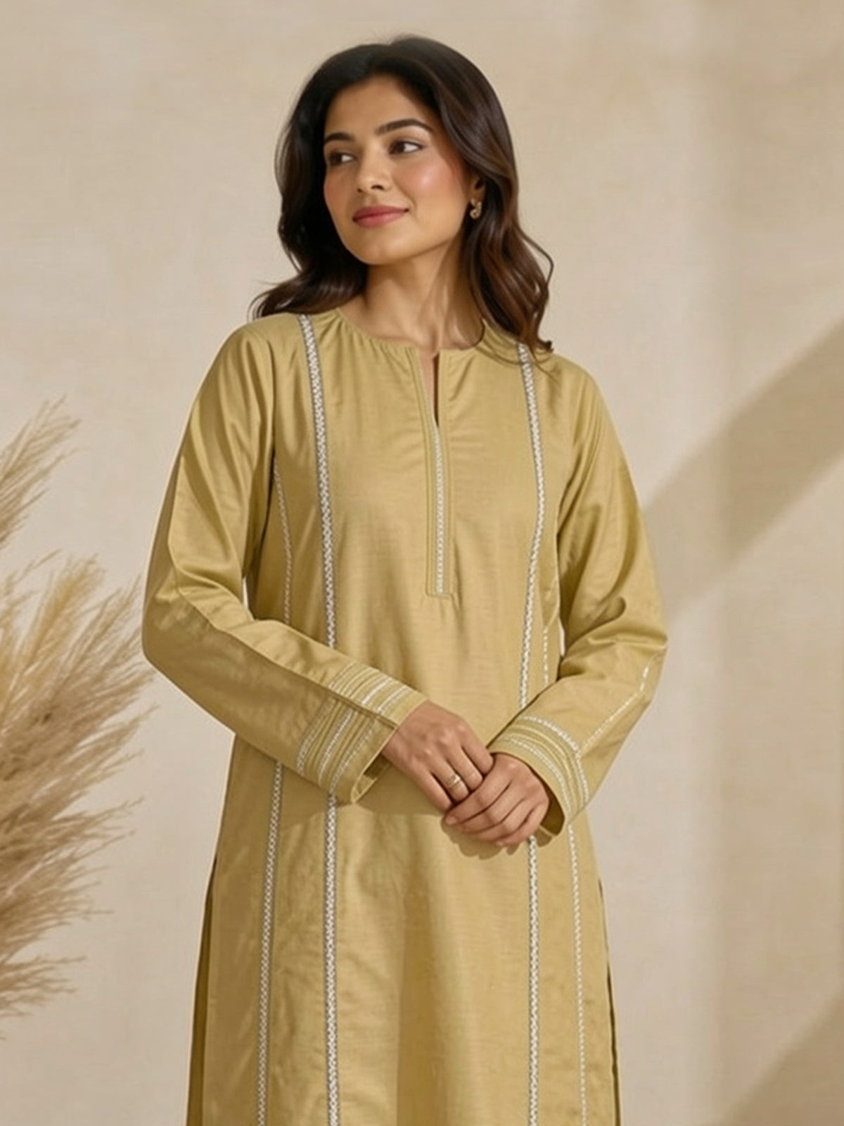 2Pc Solid Pret Shirt Trouser Cotton Silk Light Yellow - OW2P-2508005
