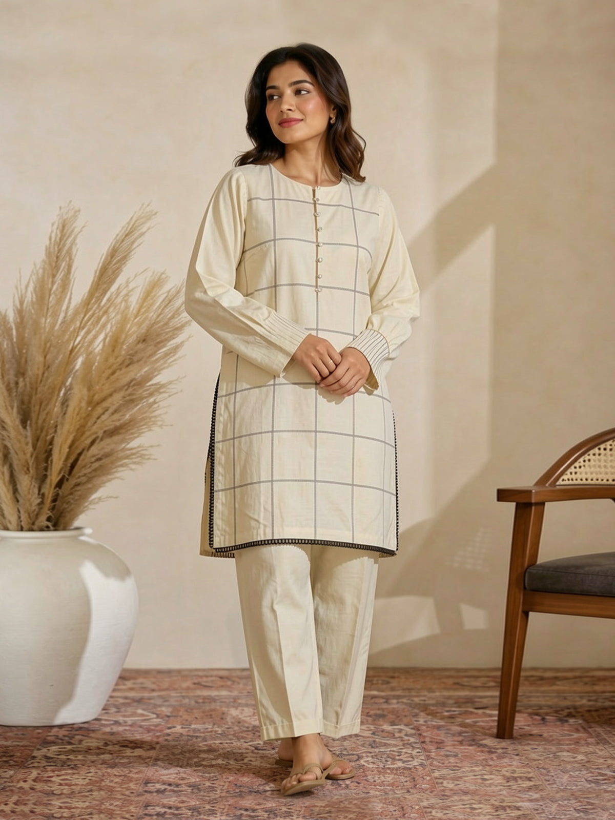 1Pc Solid Pret Kurti Dobby Off White - OWKT-2104008-A