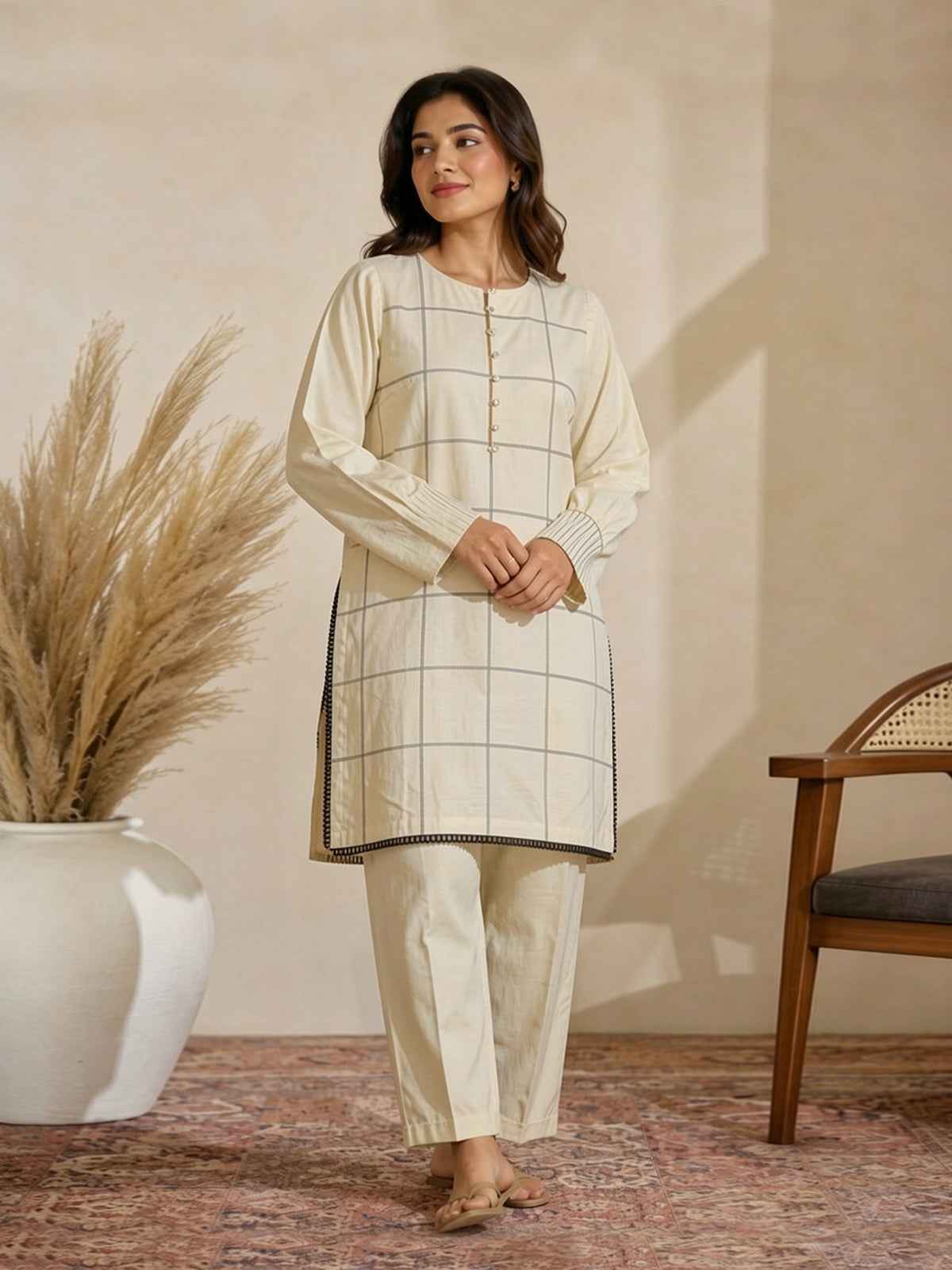 1Pc Solid Pret Kurti Dobby Off White - OWKT-2104008-A