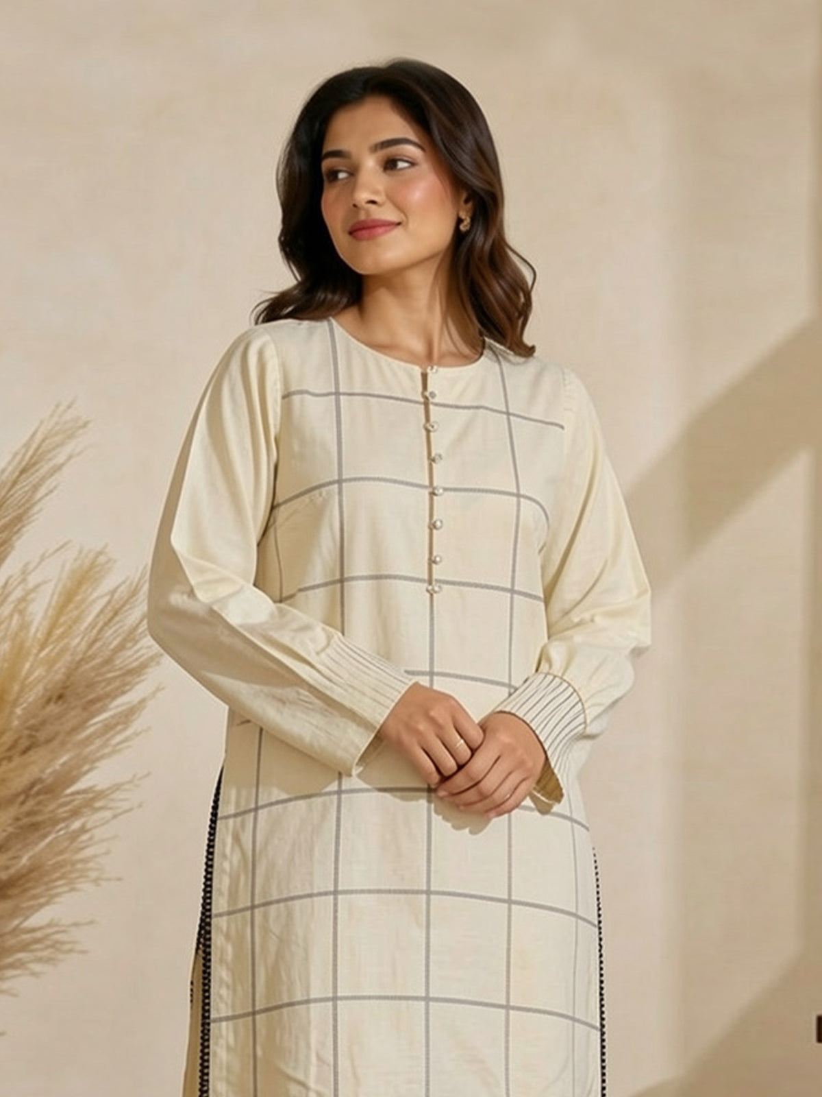 1Pc Solid Pret Kurti Dobby Off White - OWKT-2104008-A