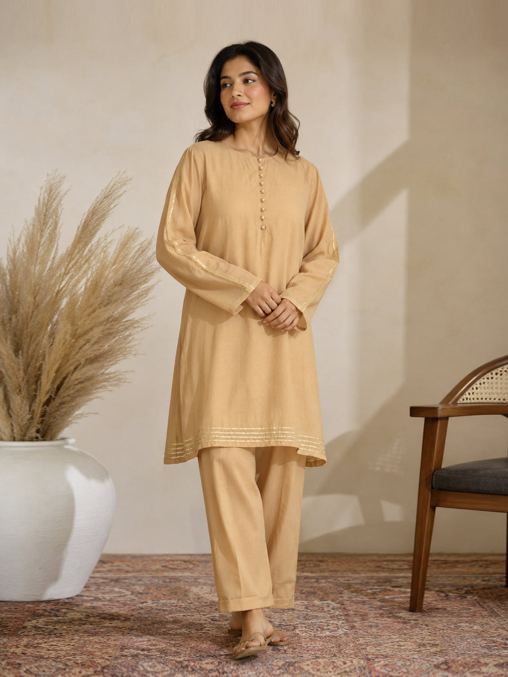 1Pc Solid Pret Kurti Cotton Net Beige - OWKTG-25006-4