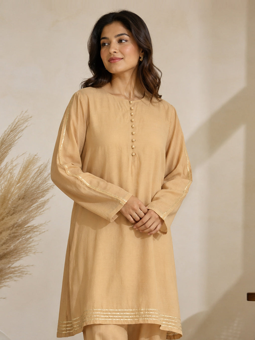 1Pc Solid Pret Kurti Cotton Net Beige - OWKTG-25006-4