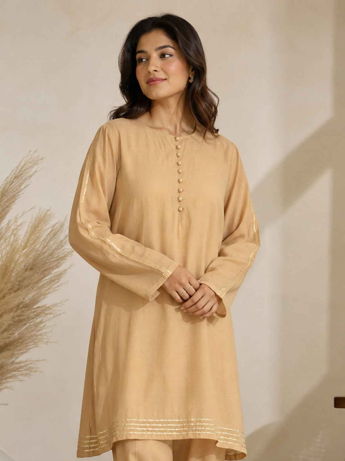 1Pc Solid Pret Kurti Cotton Net Beige - OWKTG-25006-4