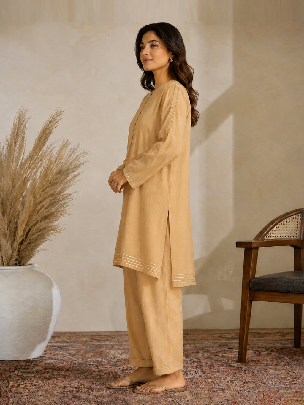 1Pc Solid Pret Kurti Cotton Net Beige - OWKTG-25006-4