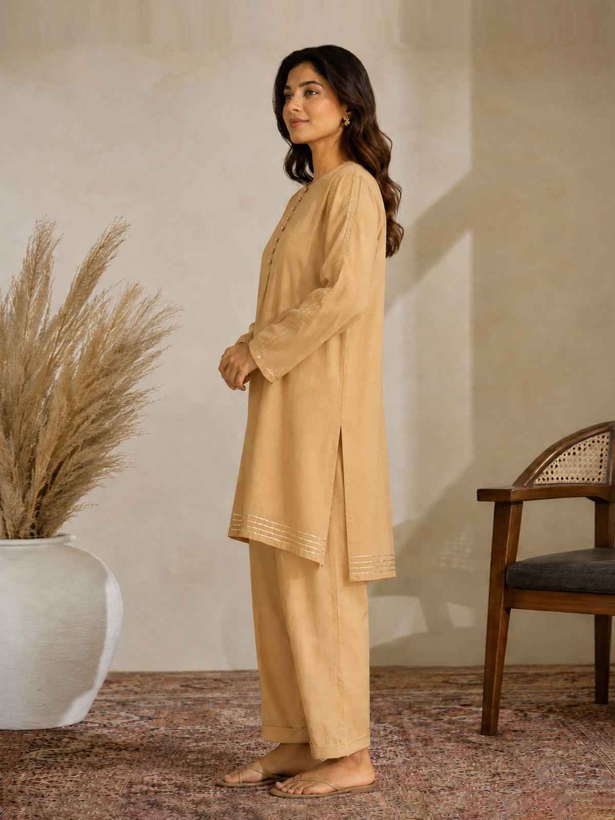1Pc Solid Pret Kurti Cotton Net Beige - OWKTG-25006-4