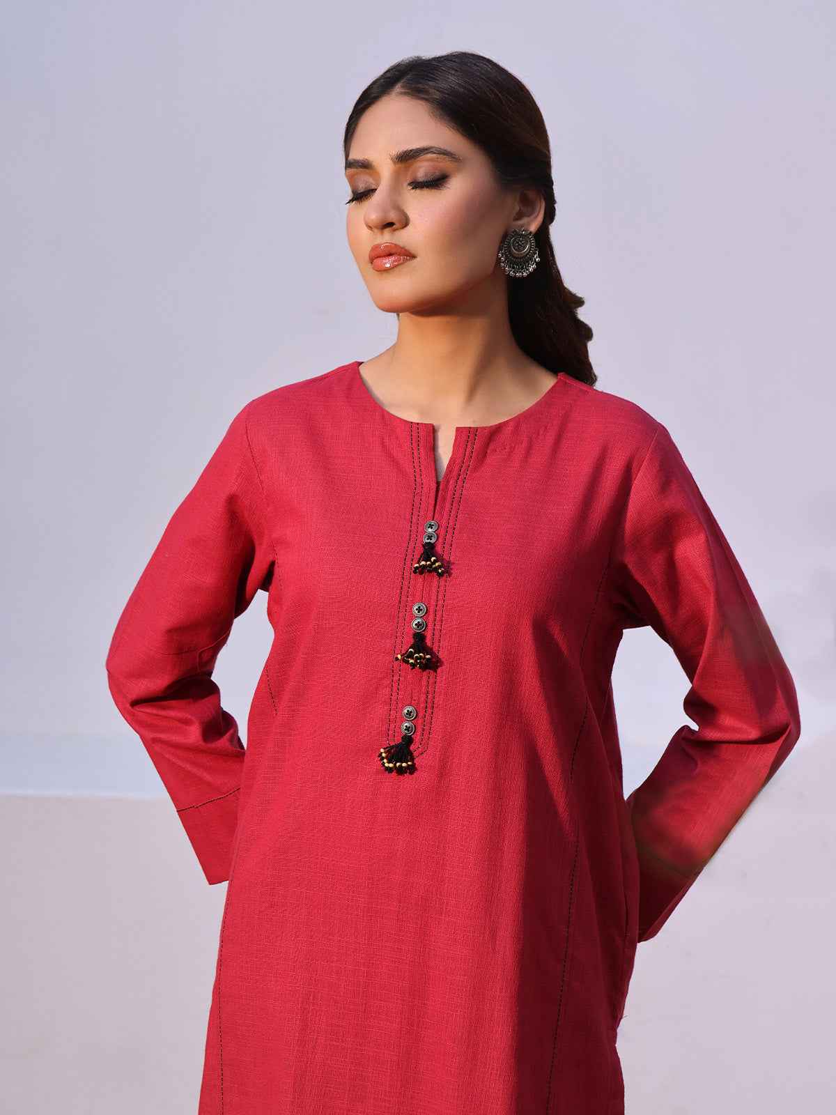 2Pc Solid Pret Shirt Trouser Khaddar Red - OW2P-2408008