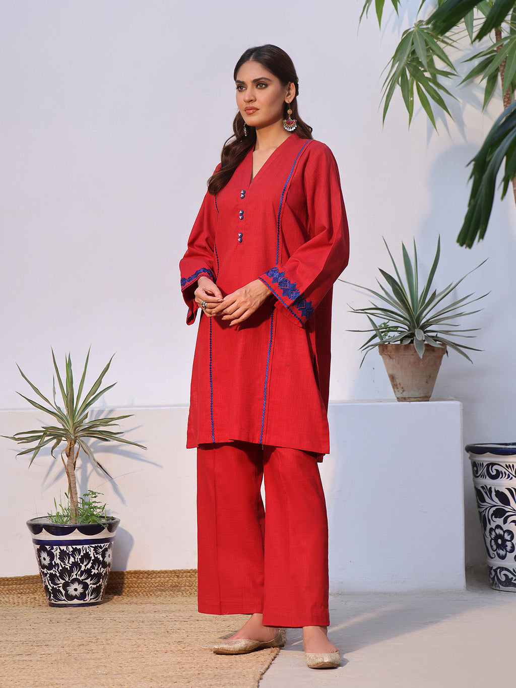 2Pc Solid Embroidered Pret Shirt Trouser Khaddar Red - OWE2P-2408001