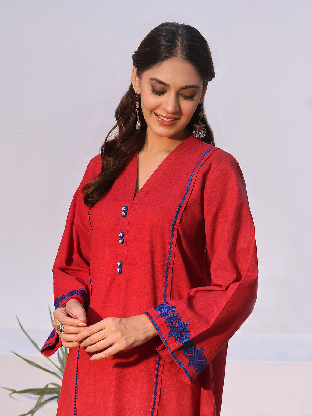 2Pc Solid Embroidered Pret Shirt Trouser Khaddar Red - OWE2P-2408001