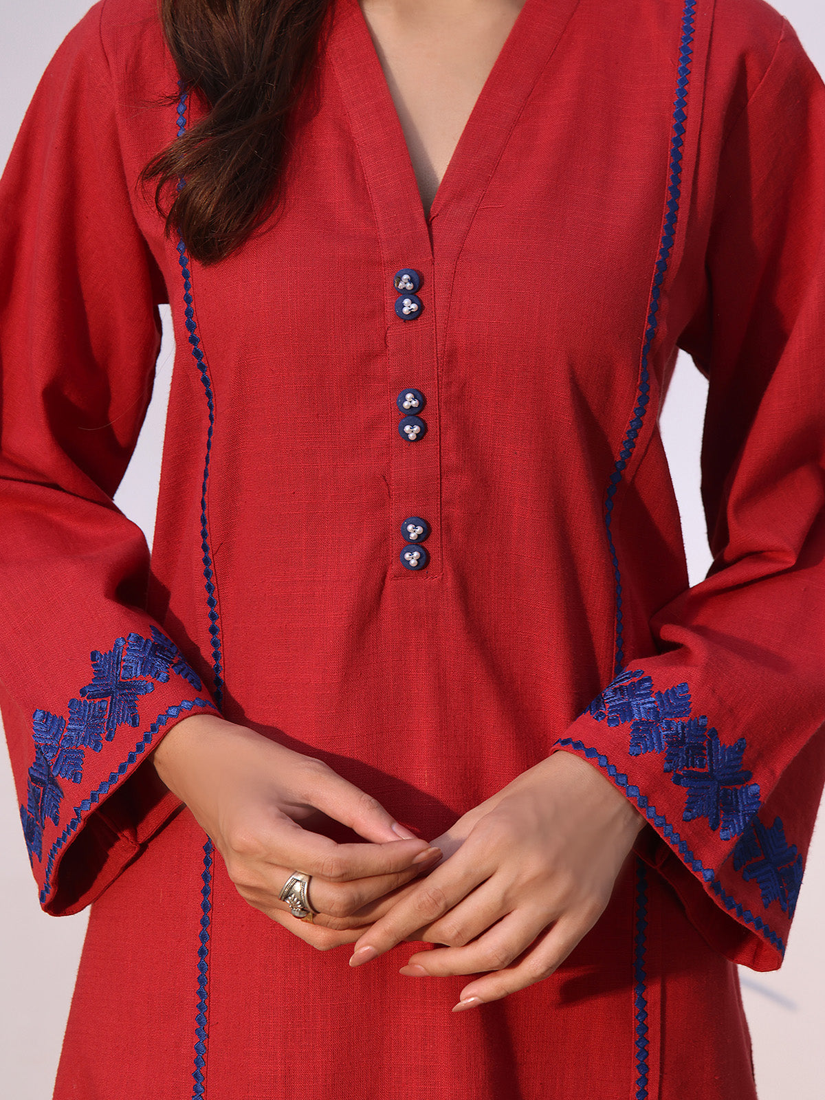 2Pc Solid Embroidered Pret Shirt Trouser Khaddar Red - OWE2P-2408001