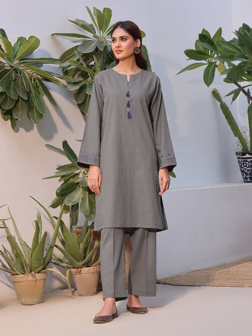 2Pc Solid Embroidered Pret Shirt Trouser Khaddar Grey - OWE2P-2408005