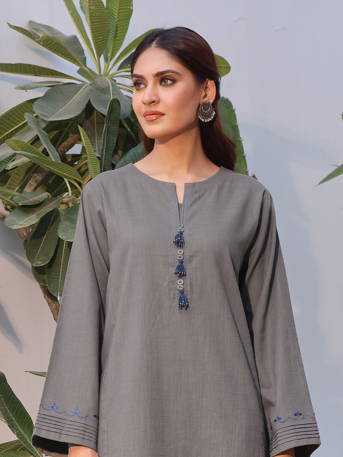 2Pc Solid Embroidered Pret Shirt Trouser Khaddar Grey - OWE2P-2408005