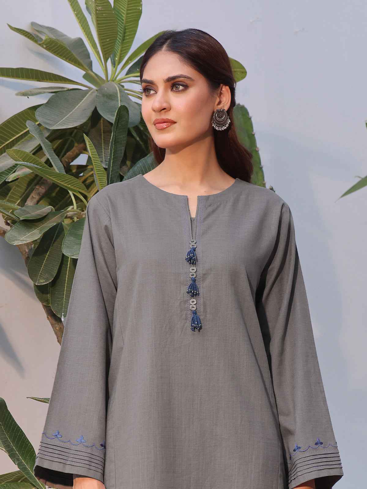 2Pc Solid Embroidered Pret Shirt Trouser Khaddar Grey - OWE2P-2408005