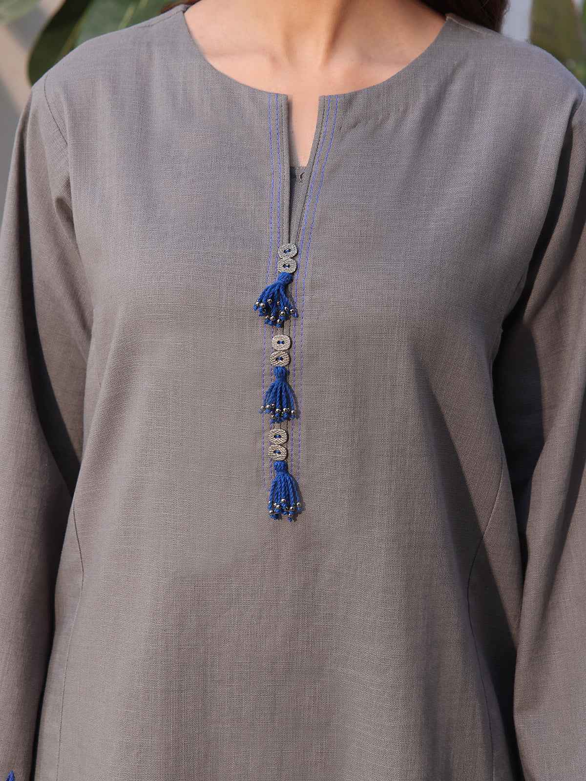 2Pc Solid Embroidered Pret Shirt Trouser Khaddar Grey - OWE2P-2408005