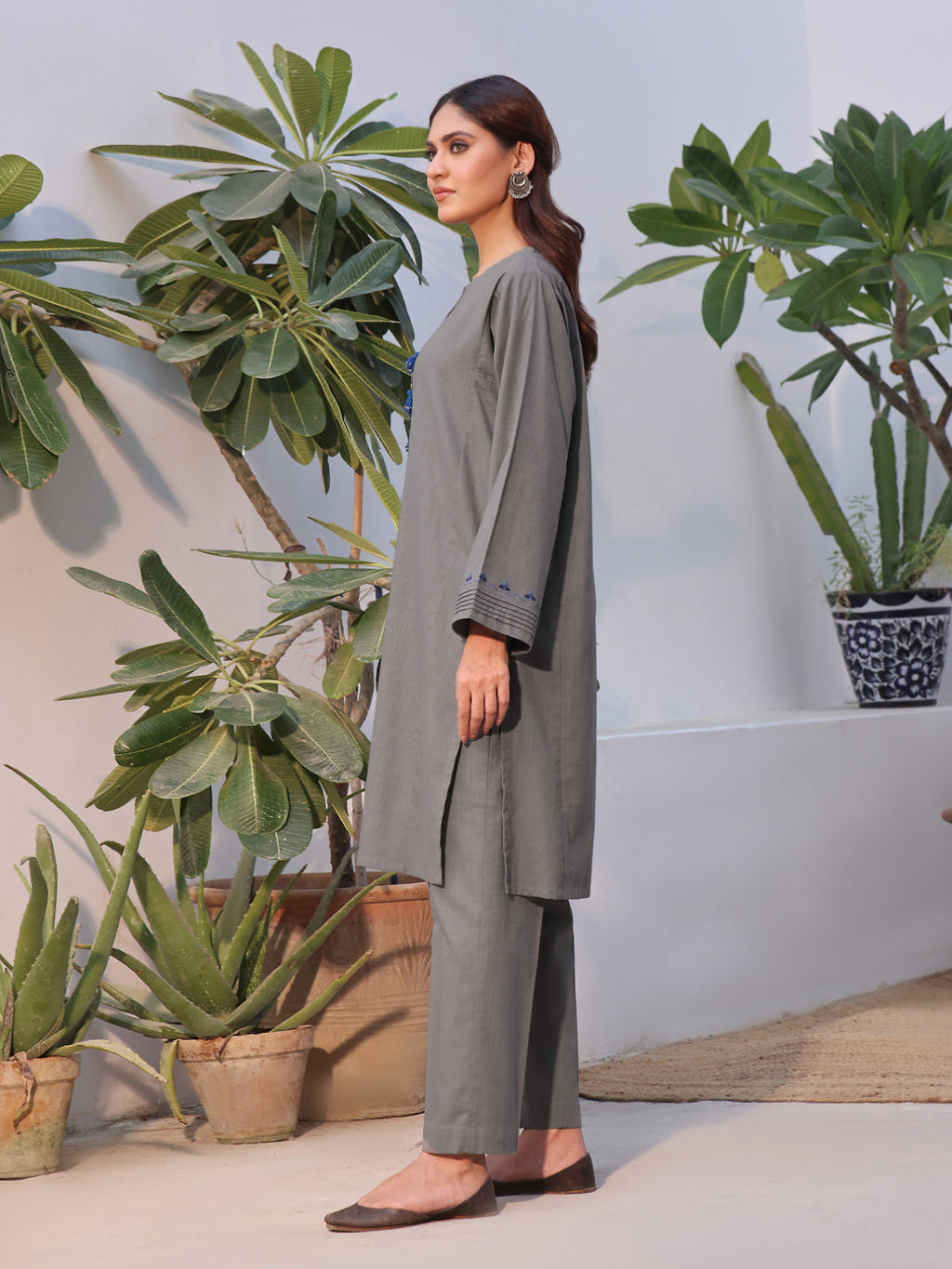 2Pc Solid Embroidered Pret Shirt Trouser Khaddar Grey - OWE2P-2408005