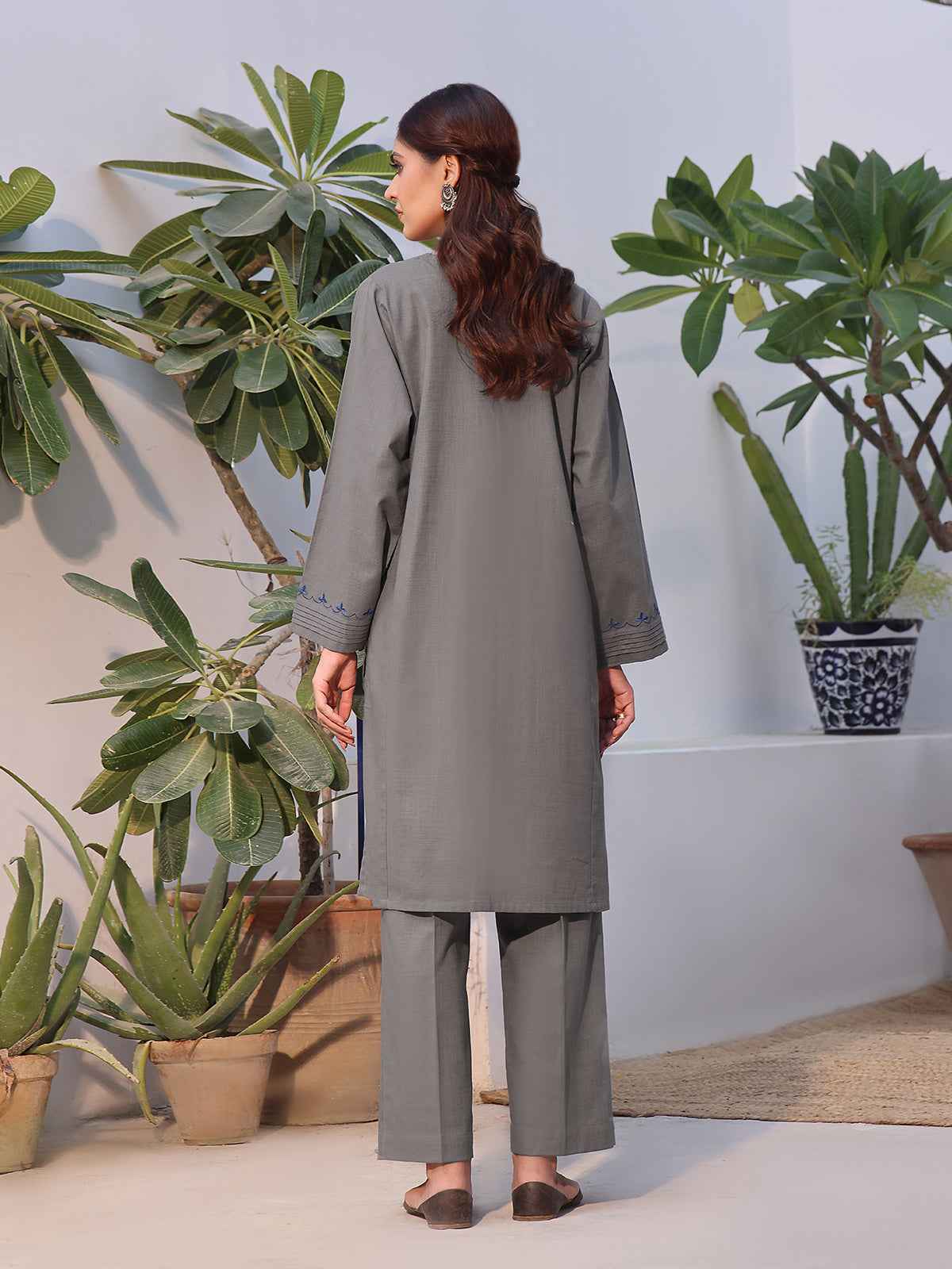 2Pc Solid Embroidered Pret Shirt Trouser Khaddar Grey - OWE2P-2408005