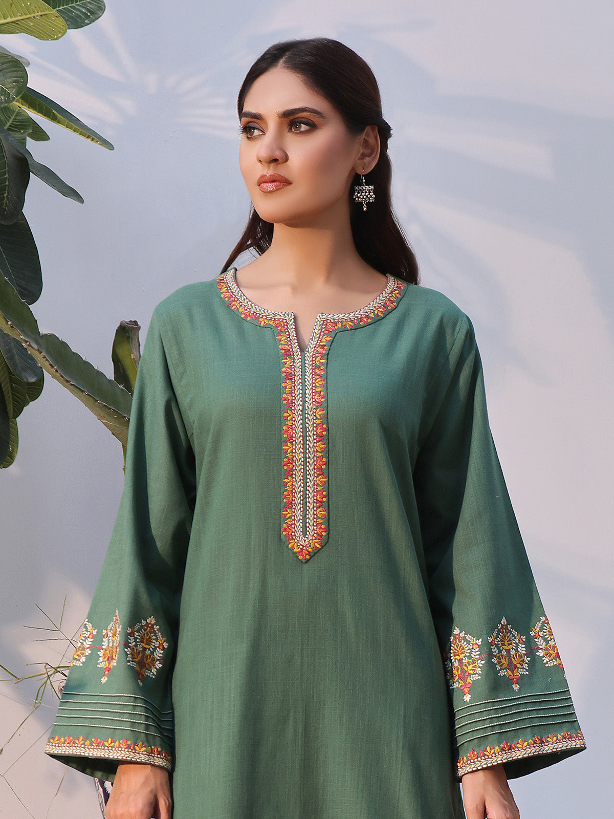 2Pc Solid Embroidered Pret Shirt Trouser Khaddar Green - OWE2P-2408006