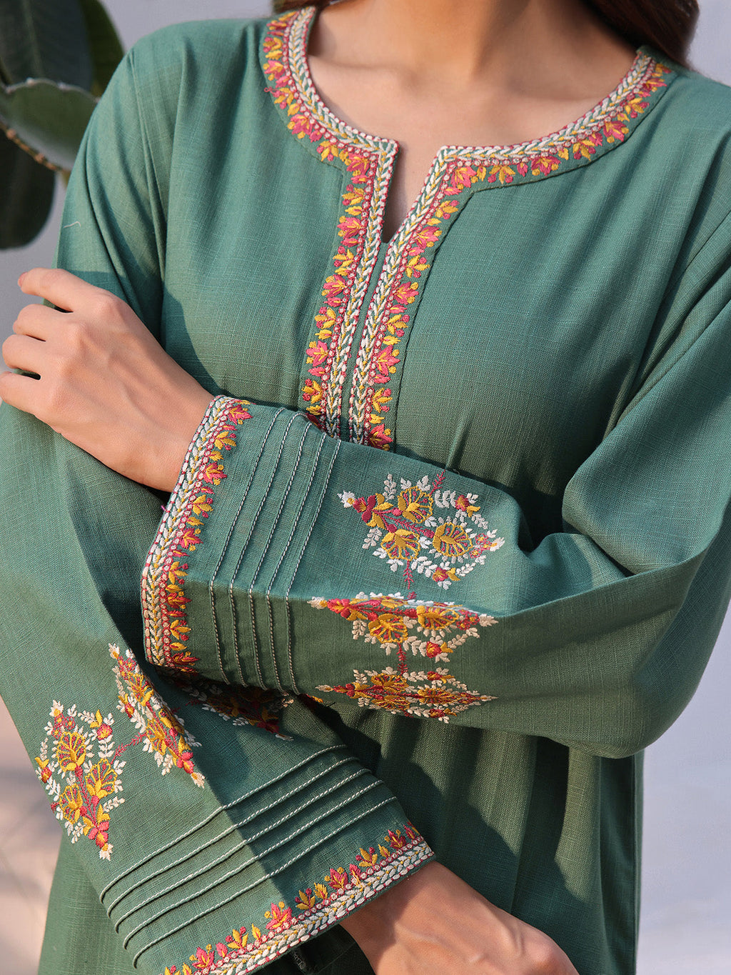 2Pc Solid Embroidered Pret Shirt Trouser Khaddar Green - OWE2P-2408006