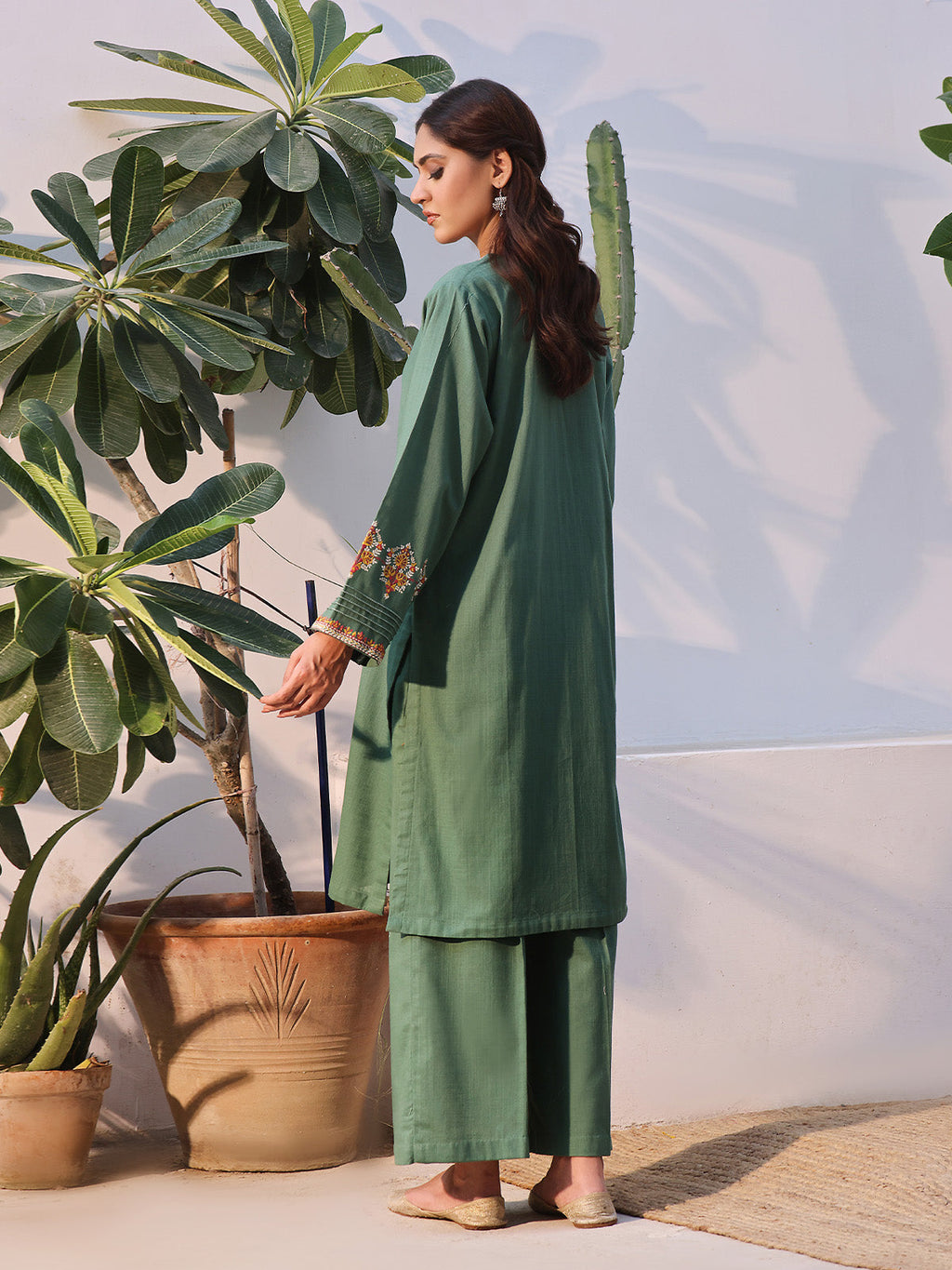 2Pc Solid Embroidered Pret Shirt Trouser Khaddar Green - OWE2P-2408006