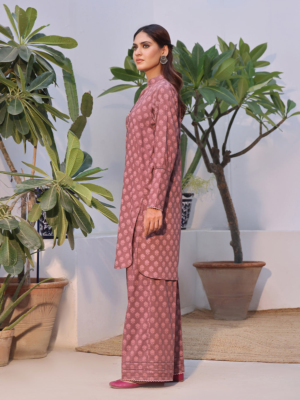 2Pc Printed Pret Shirt Trouser Cambric Brown - OW2P-2408024