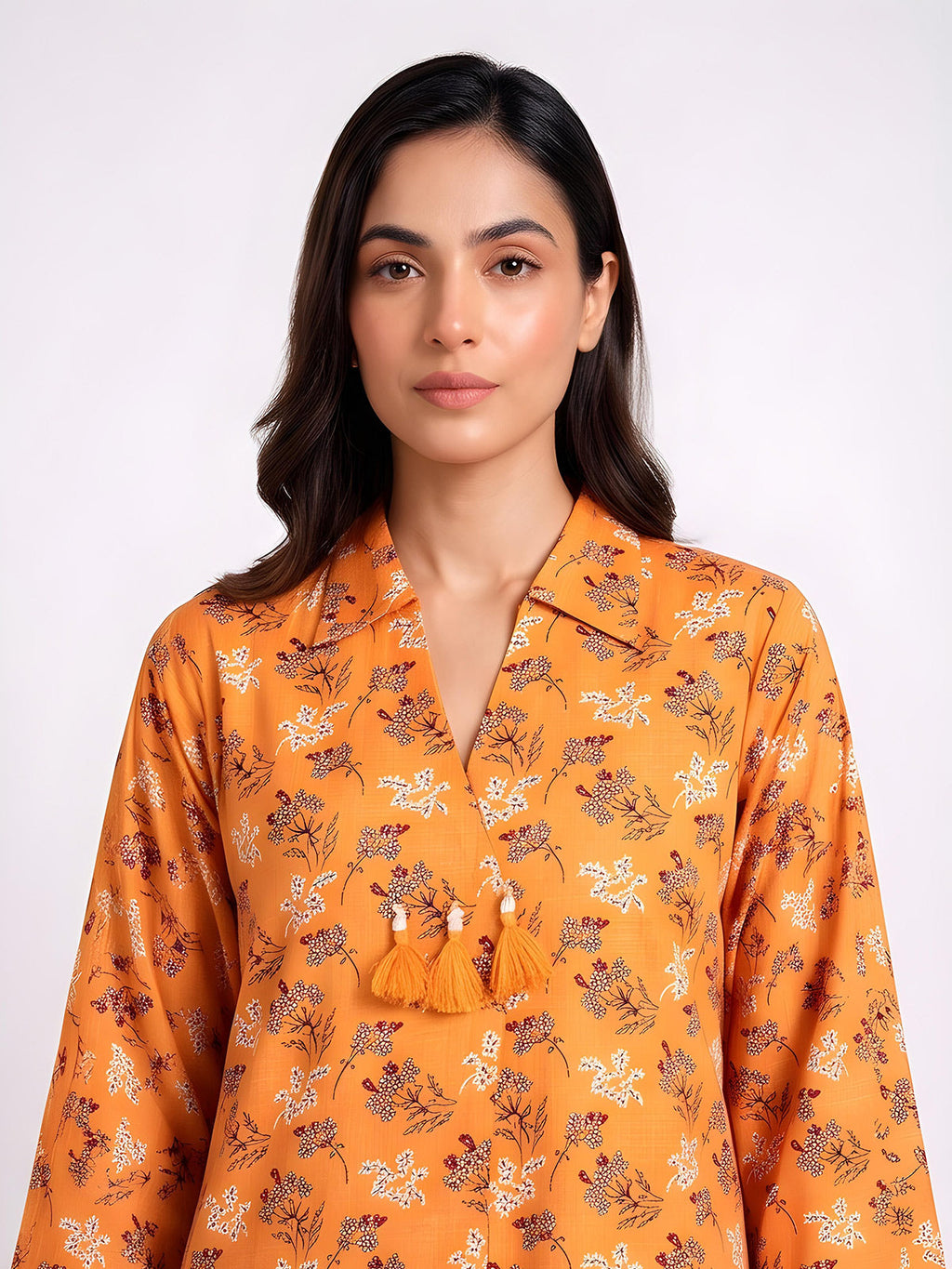 2Pc Printed Pret Shirt Trouser Cotton Orange - OW2P-2607002