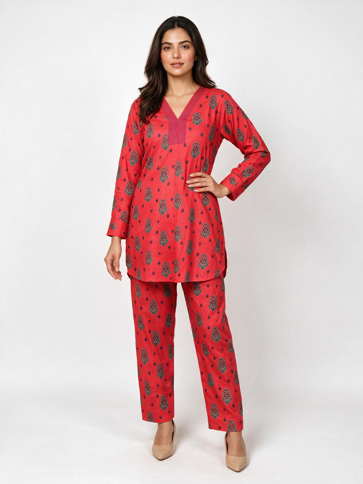 2Pc Printed Pret Shirt Trouser Cotton Red - OW2P-2607003